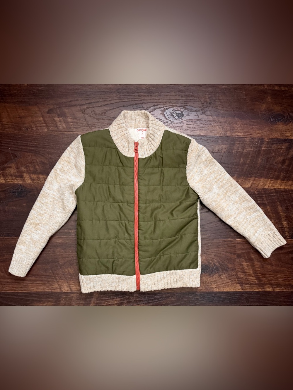 Cat & Jack Olive Green and Cream Quilted Jacket with Coral Zipper